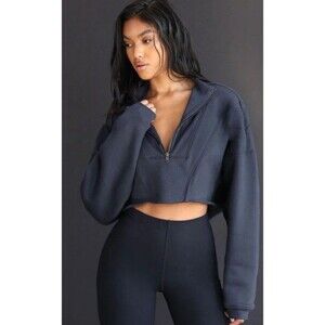 Joah Brown Women's Half Zip Crop Sweat in Washed Navy Sz Small / Medium